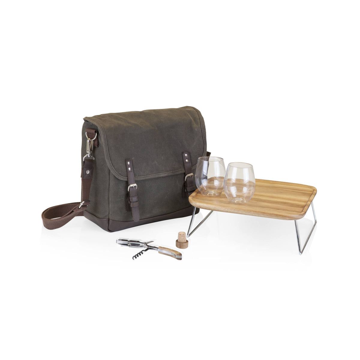 Adventure Wine Tote - Khaki Green with Brown Accents