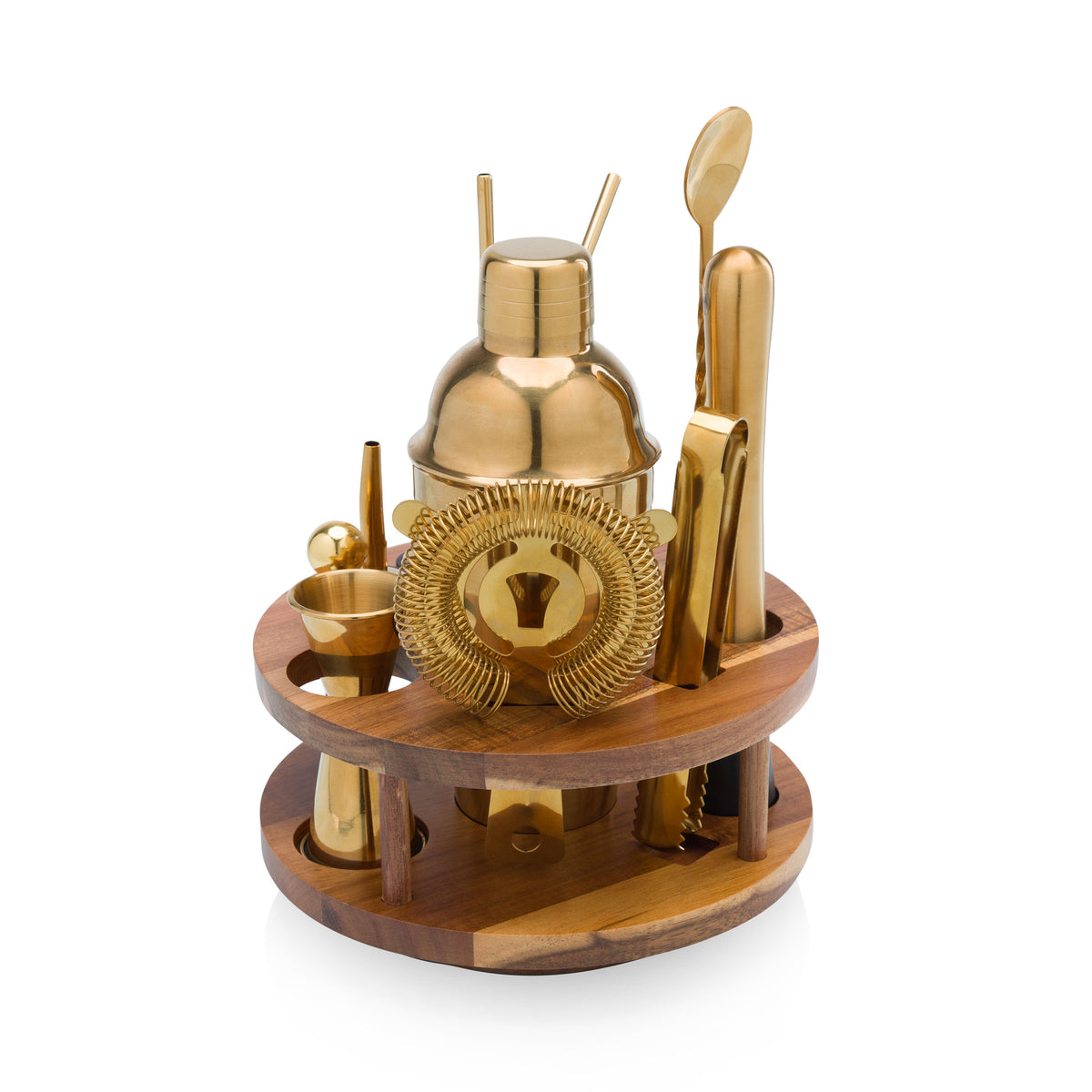 Acacia Wood Lazy Susan Bar Set with 12 Gold-Plated Cocktail Tools