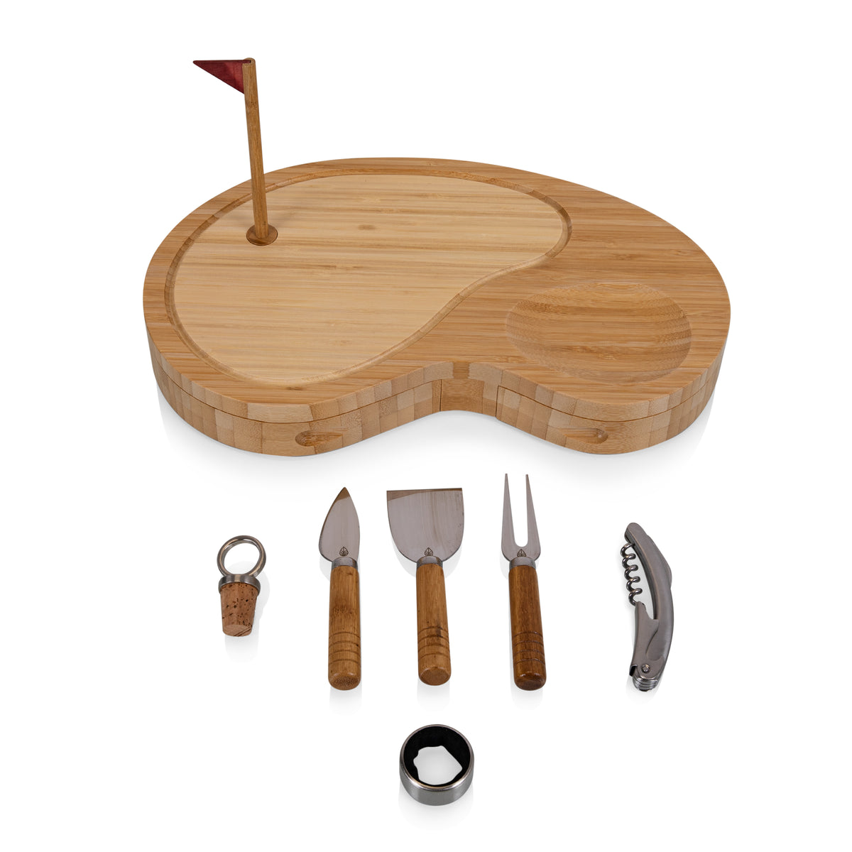 Sand Trap Golf-Inspired Bamboo Cheese Board with 6-Piece Hidden Tool Set