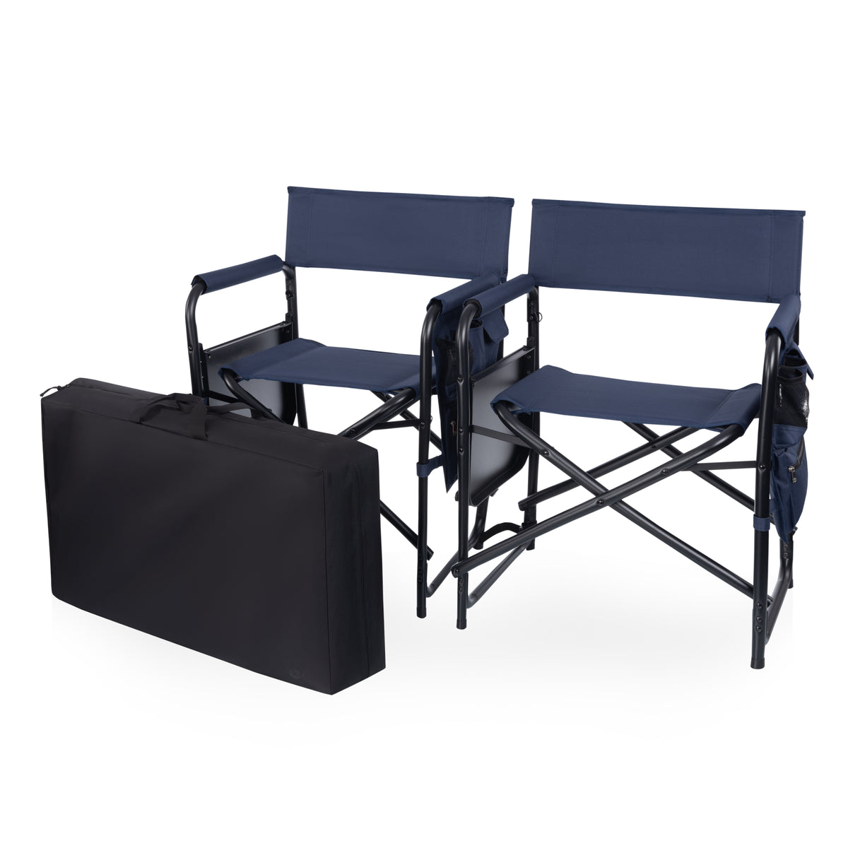 Sports Chair with Side Table, Armrest Caddy and Insulated Beverage Pockets - Navy Blue with Black Accents