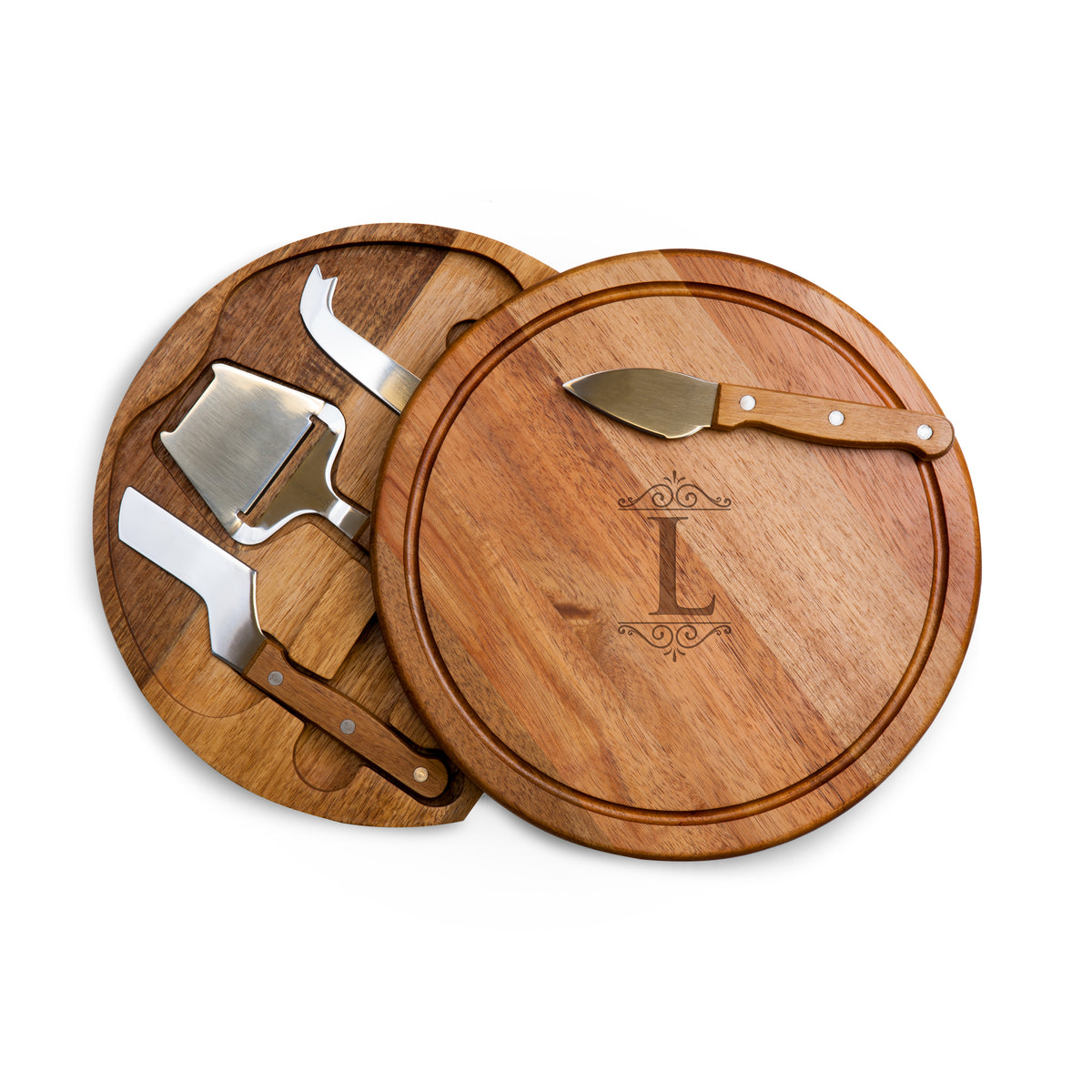 Monogrammed Acacia Circo Cheese Board and Tool Set with Custom Initial - L