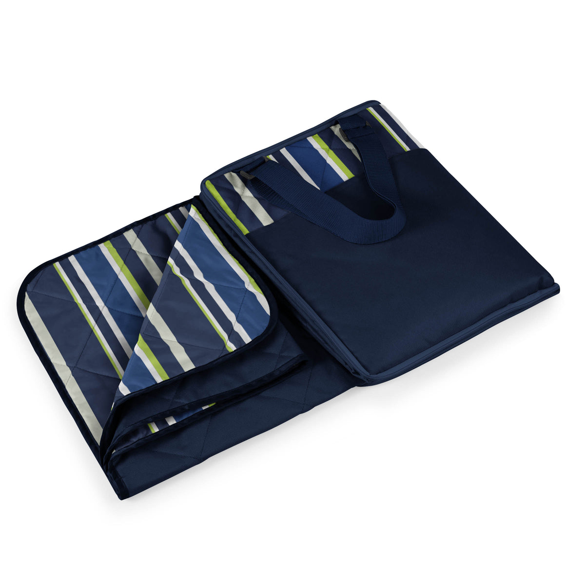 Vista Outdoor Picnic Blanket and Carry Tote with Adjustable Strap and Storage Pocket - Blue Stripe Pattern with Navy Blue Exterior