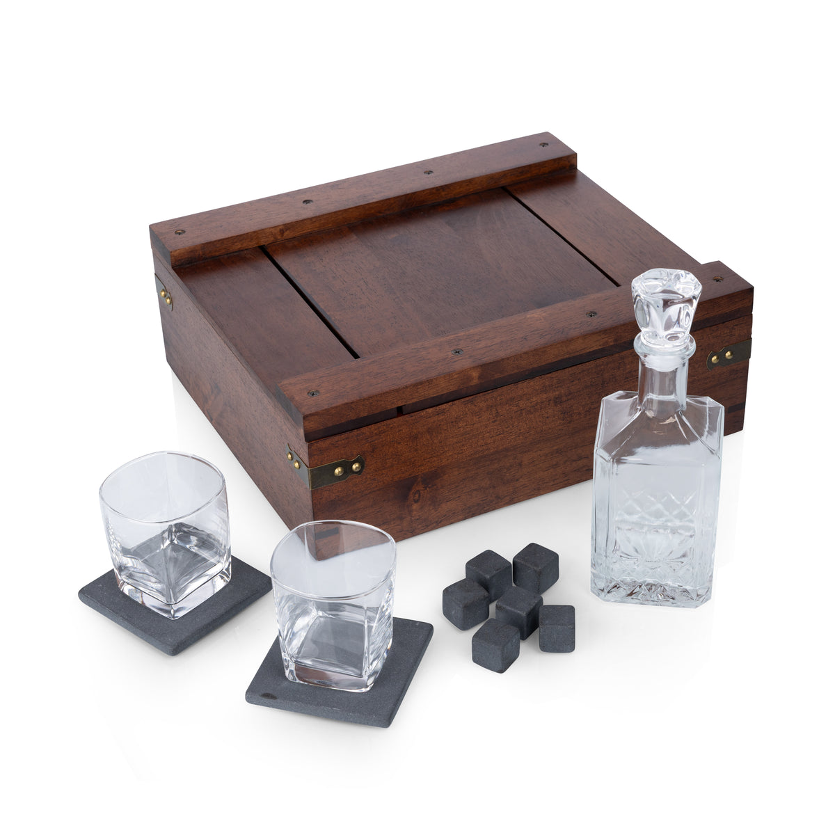 Parawood Whiskey Box Gift Set with Glass Decanter, Lowball Glasses & Whiskey Stones