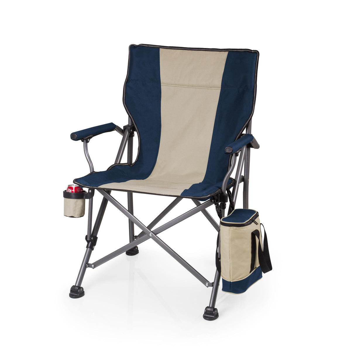 Outlander XL Heavy-Duty Camping Chair with Built-In Cooler, 400 lb Capacity - Navy Blue and Tan