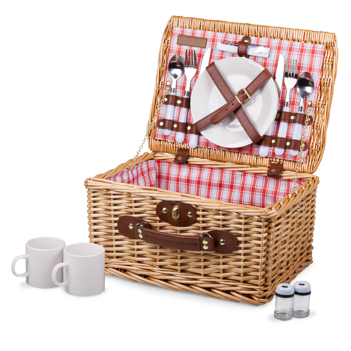 Fully Loaded Suitcase-Style Wicker Picnic Basket for 2 - Red & White Plaid Pattern