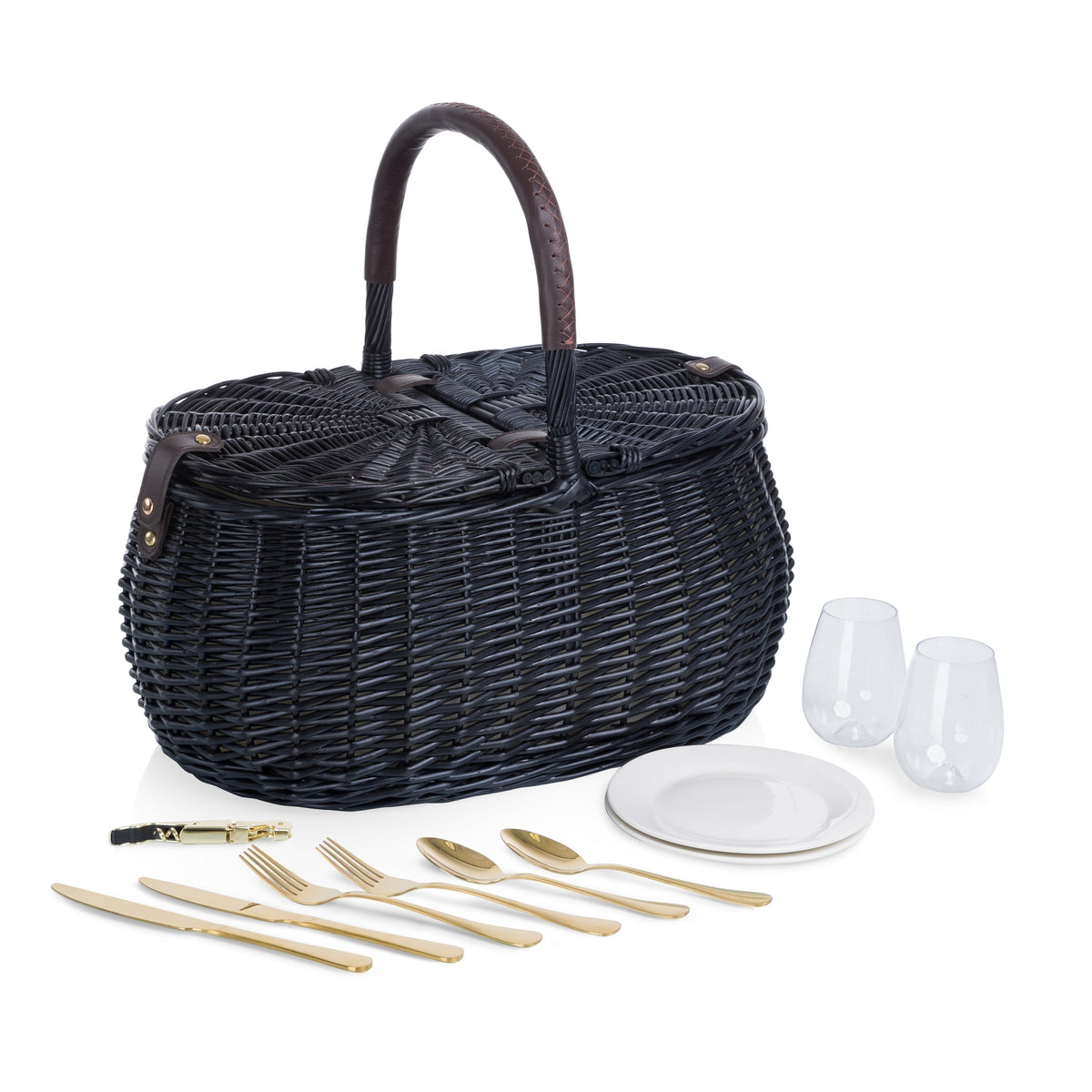 Evening Handwoven Willow Picnic Basket for 2 with Gold-Plated Cutlery