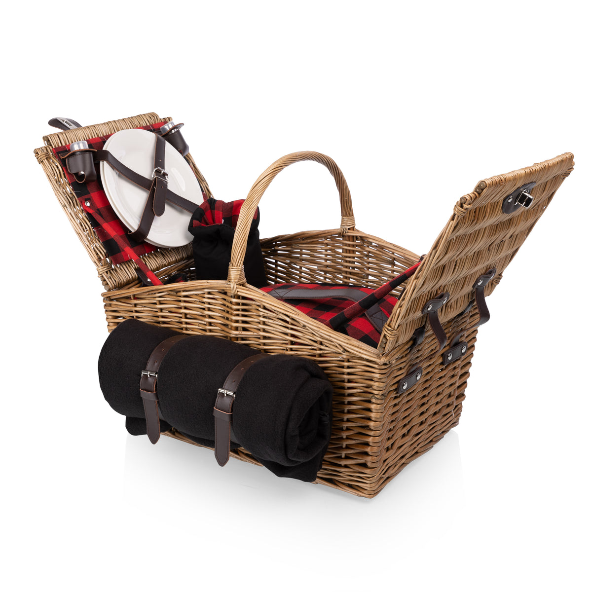 Somerset Deluxe Wicker Picnic Basket for 2 with Blanket, Soft Cooler and Wine Bag - Red & Black Buffalo Plaid Pattern