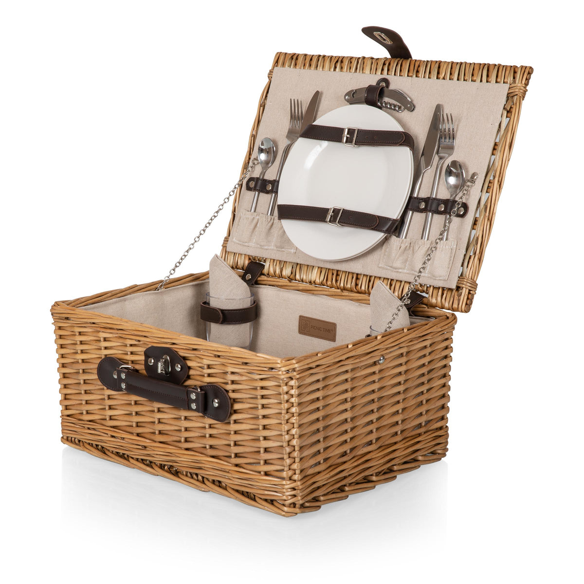 Vintage-Style Wicker Picnic Basket for 2 with Wine Glasses & Full Table Set