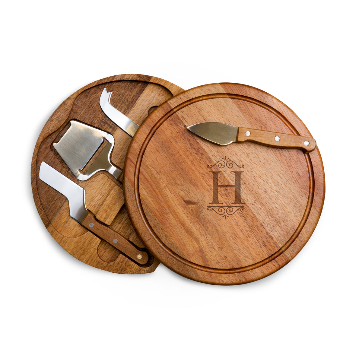 Monogrammed Acacia Circo Cheese Board and Tool Set with Custom Initial - H