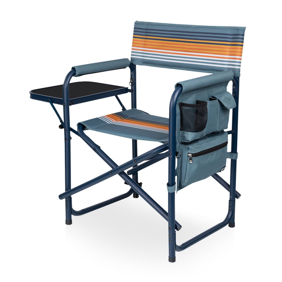 Sports Chair with Side Table, Armrest Caddy and Insulated Beverage Pockets - Marine Stripe with Navy Blue Frame (809-00-292-000-0)