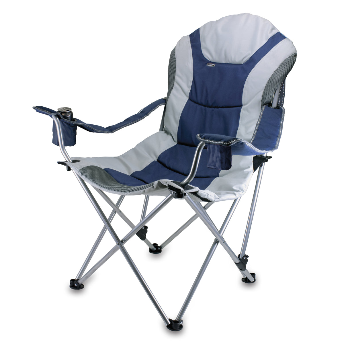 Reclining Camp Chair with 3 Positions, Padded Seat and Built-In Beverage Holder - Navy Blue with Gray Accents