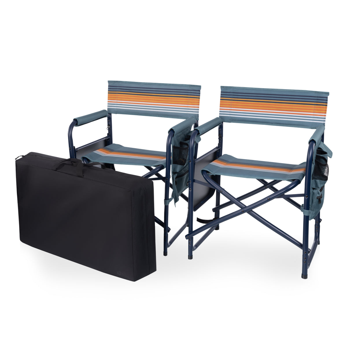 Sports Chair with Side Table, Armrest Caddy and Insulated Beverage Pockets - Marine Stripe with Navy Blue Frame (809-00-292-998-2)