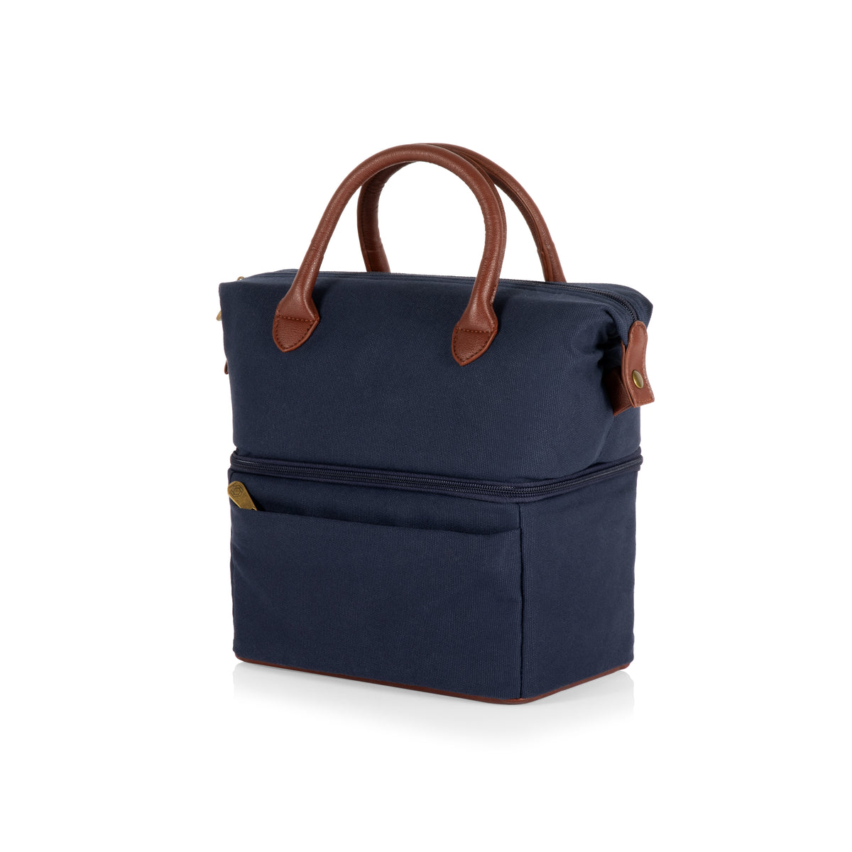 Urban Two-Tier Insulated Lunch Bag Cooler with Leatherette Handles and Dry Compartment - Blue with Brown Accents