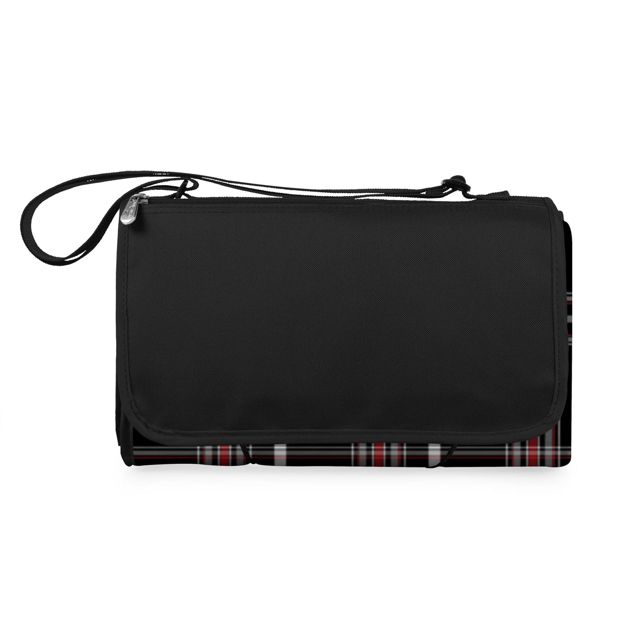 Blanket Tote XL Outdoor Picnic Blanket - Black Tartan Pattern with Black Flap