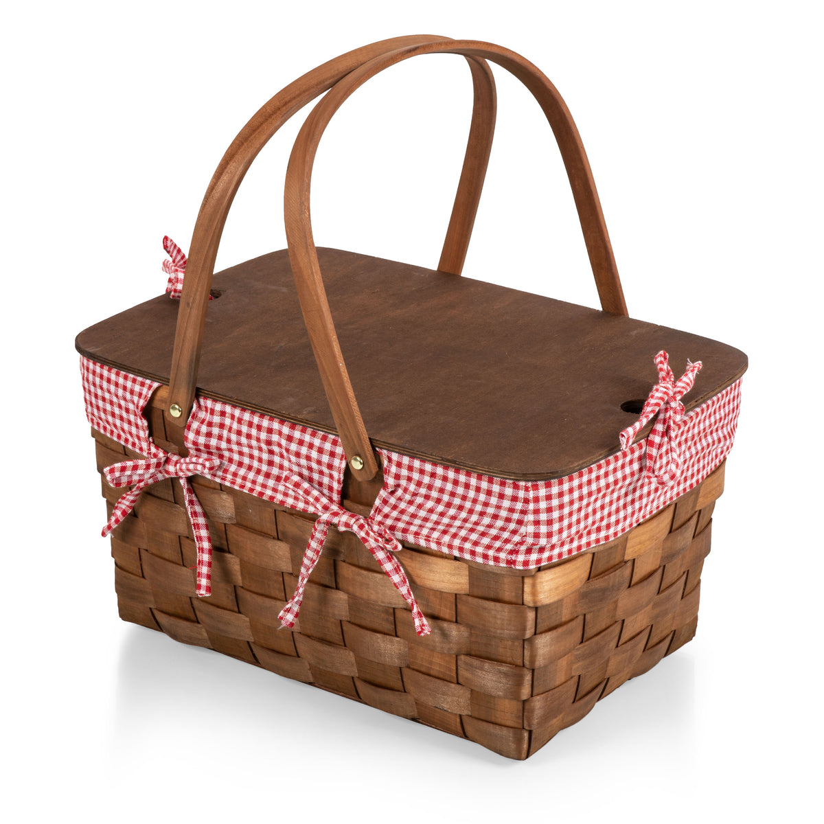 Kansas Handwoven Water Fir Wood Picnic Basket with Plywood Tabletop Lid for 2 - Red & White Gingham Pattern