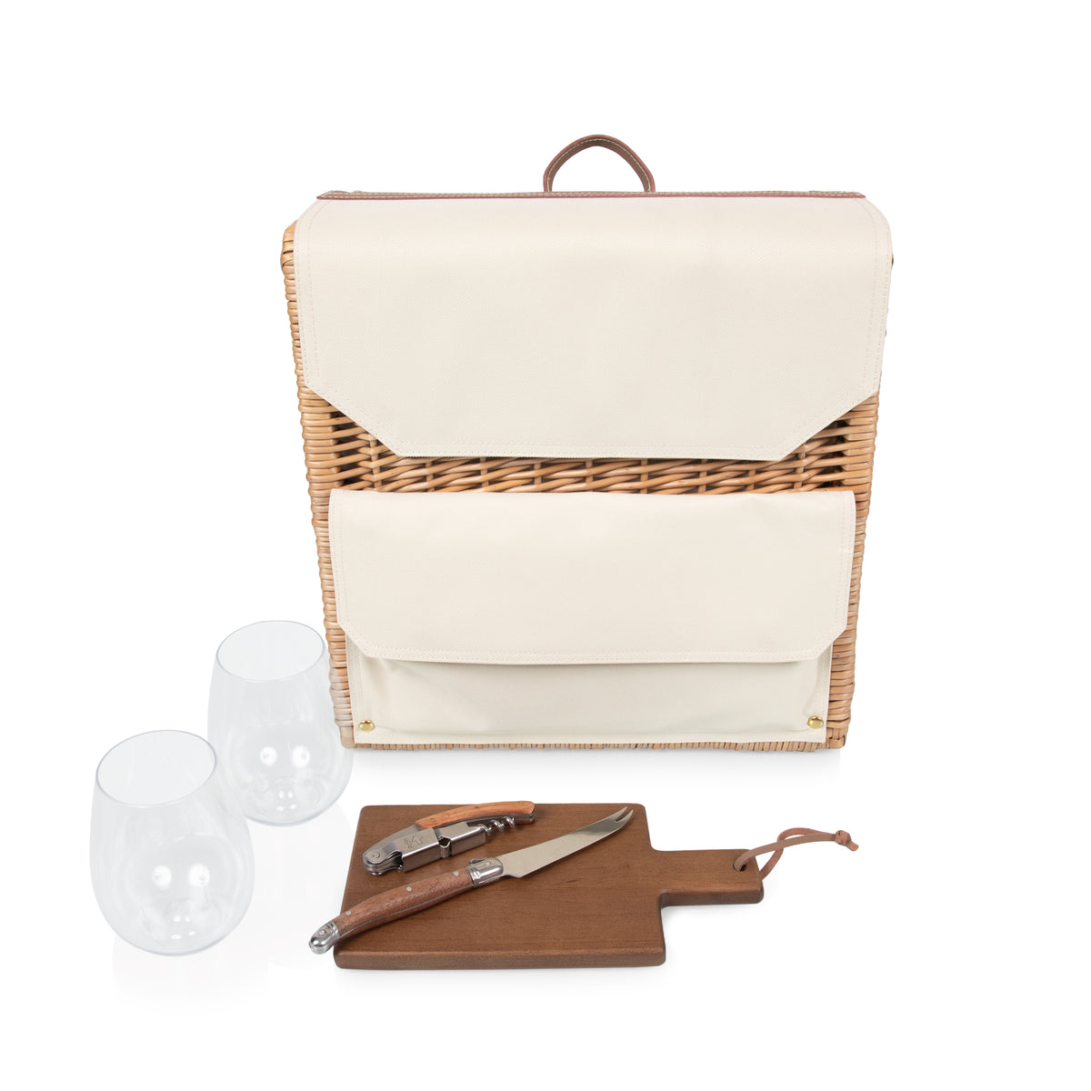 3-Bottle Wine & Cheese Backpack Basket with Stemless Glasses & Cheese Board