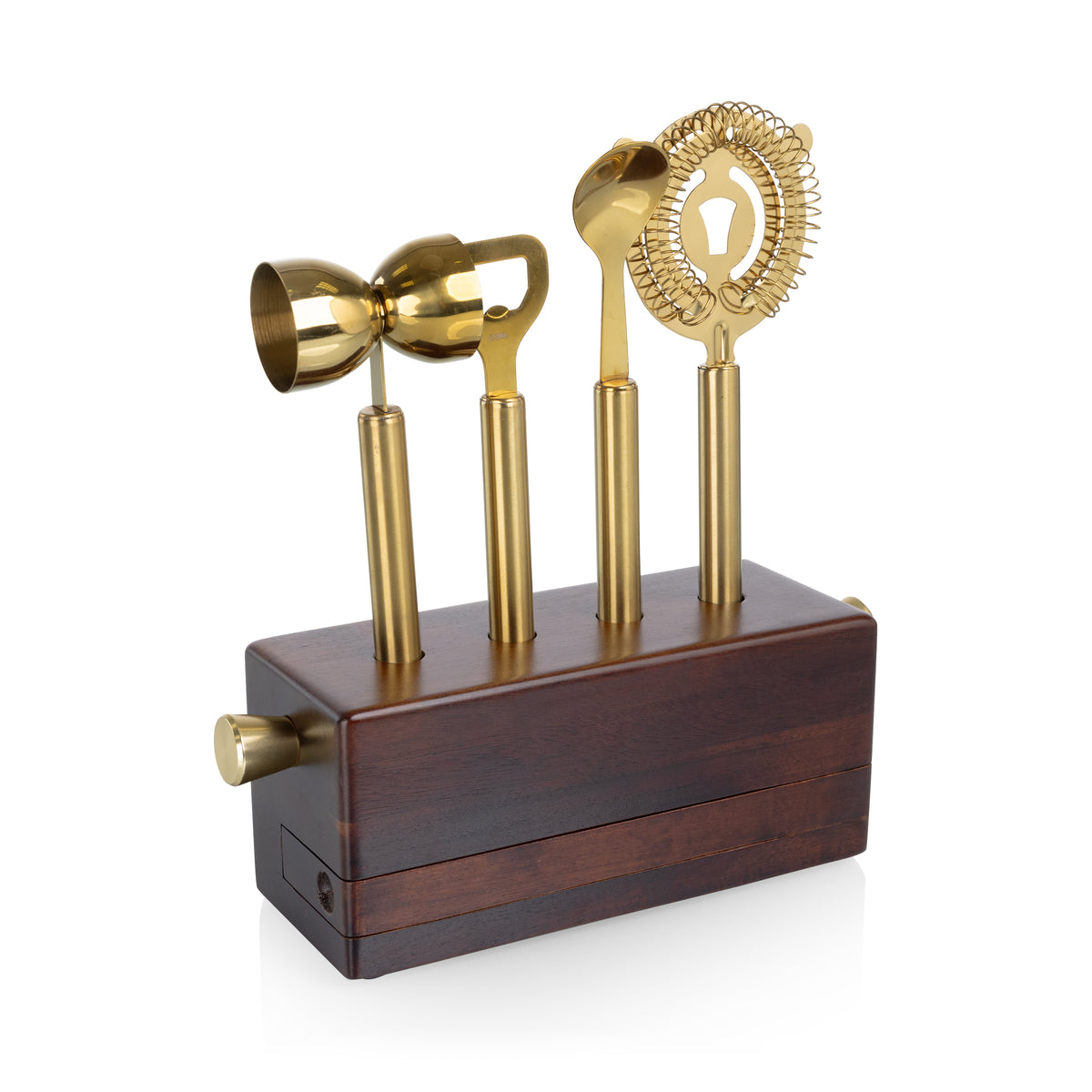Sidecar 5-Piece Bar Tool Set with Acacia Wood Block and Brass-Toned Tools