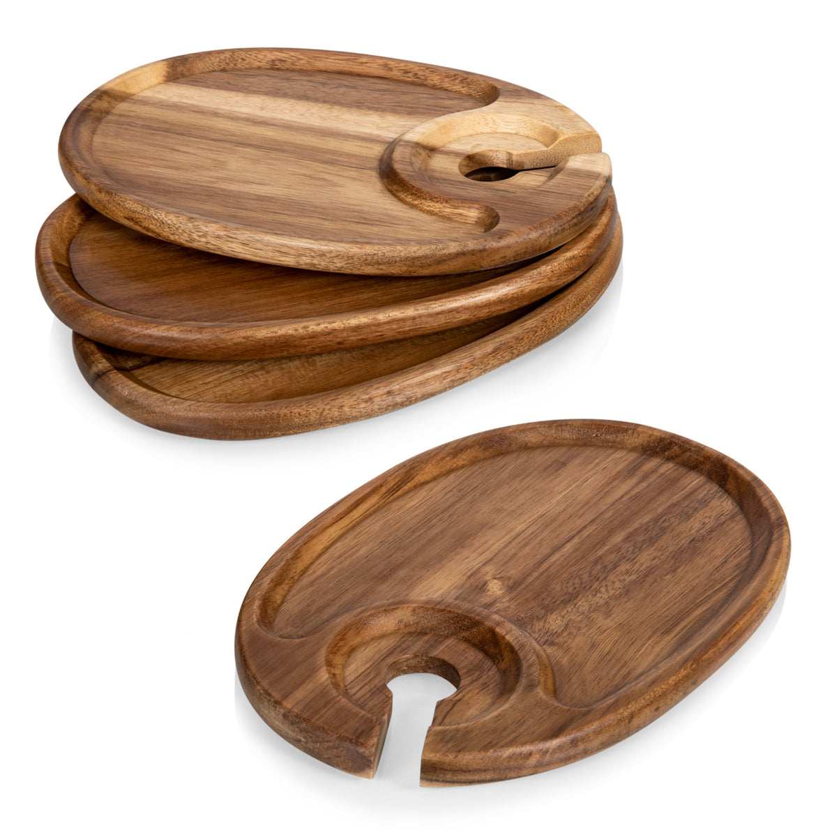 Acacia Wood Wine & Appetizer Plate Set of 4 with Built-In Wine Glass Holder
