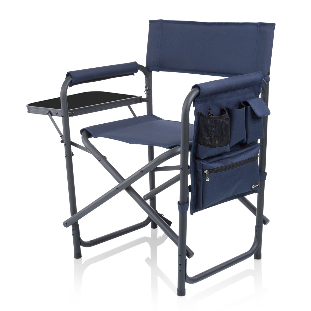 Sports Chair with Side Table, Armrest Caddy and Insulated Beverage Pockets - Navy with Black Accents