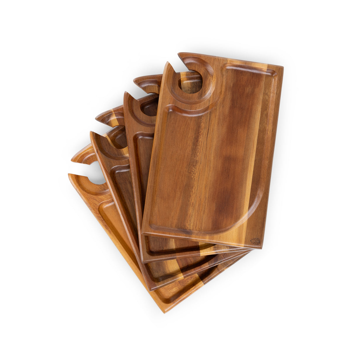 Rectangle Wood Wine Appetizer Plates, Set of 4 with Wine Glass Cutout - Acacia Wood