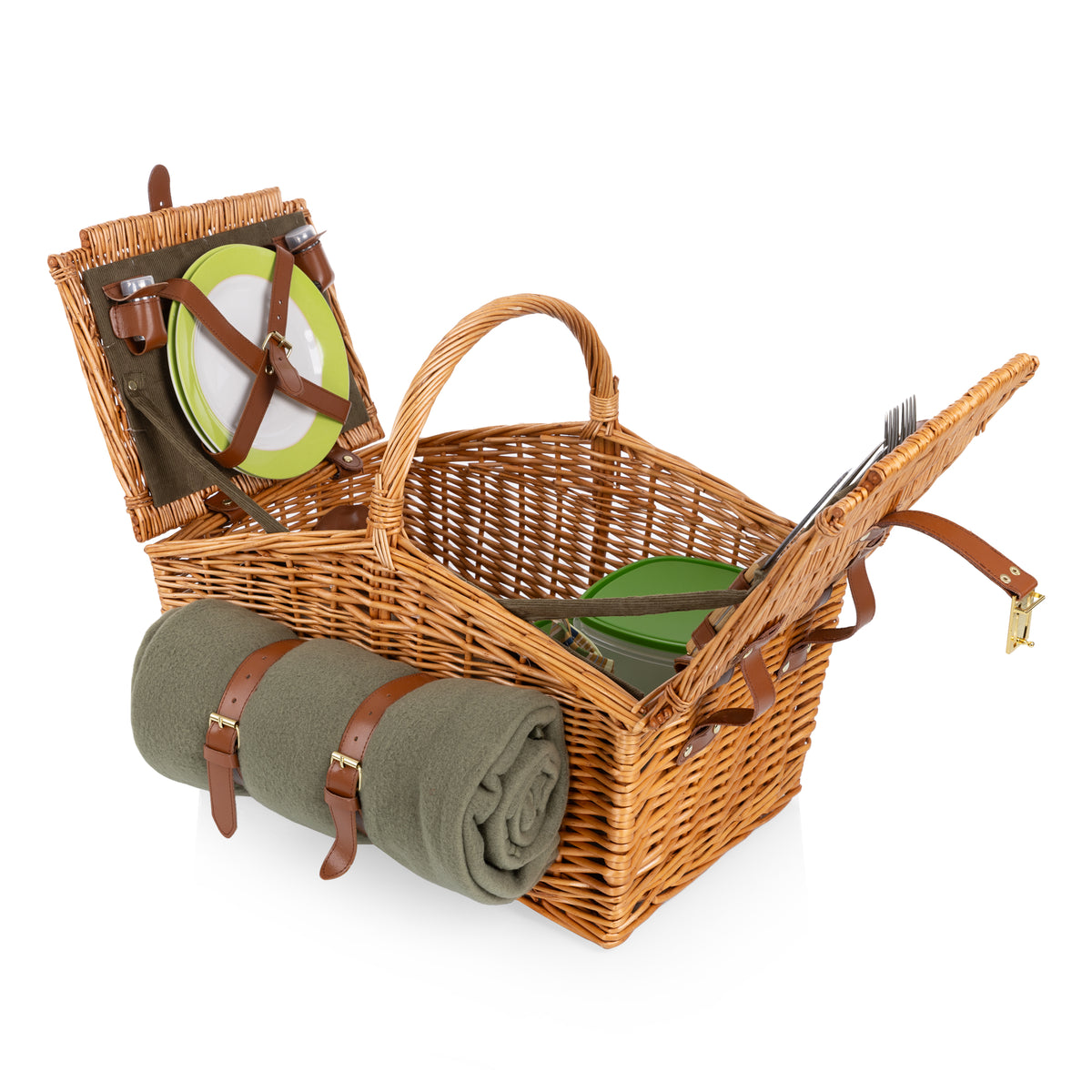 Somerset Deluxe Wicker Picnic Basket for 2 with Blanket, Soft Cooler and Wine Bag - Sage Green
