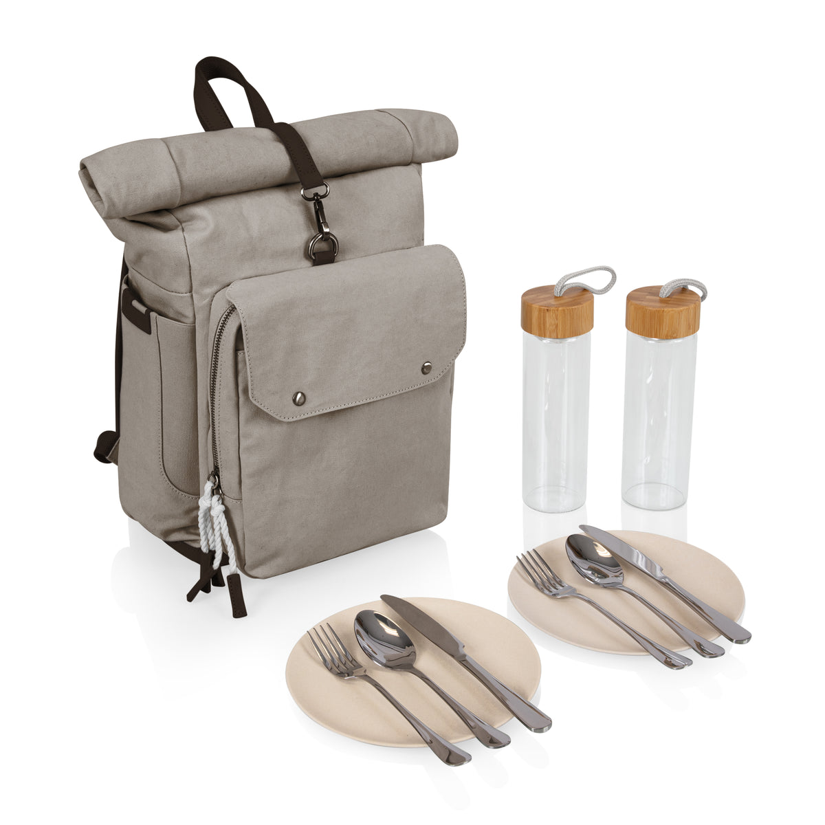 Eco Roll-Top Backpack Cooler with Complete Picnic Set for 2 - Gray