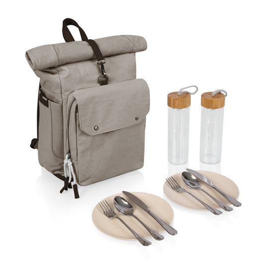Eco Roll-Top Backpack Cooler with Complete Picnic Set for 2 - Gray