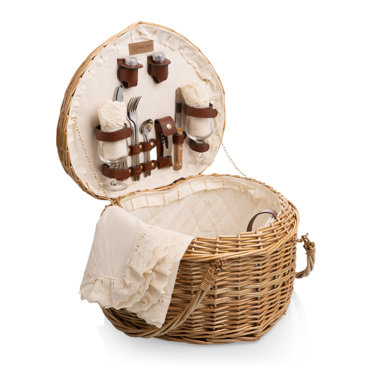 Heart-Shaped Handwoven Willow Picnic Basket for 2 with Full Service Set