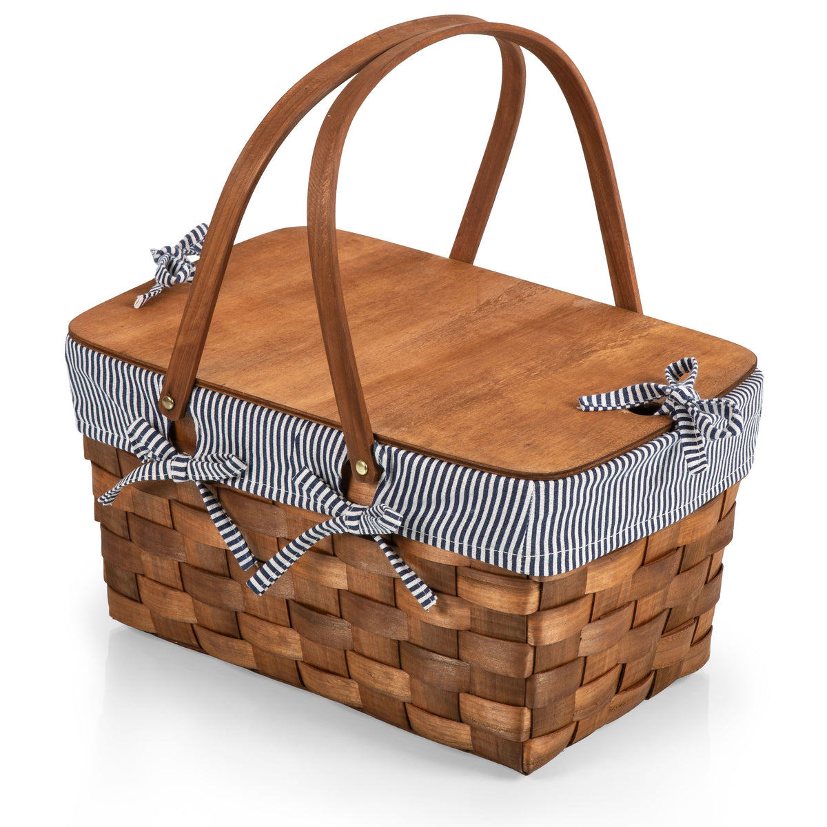Kansas Handwoven Water Fir Wood Picnic Basket with Plywood Tabletop Lid for 2 - Navy Blue & White Stripe