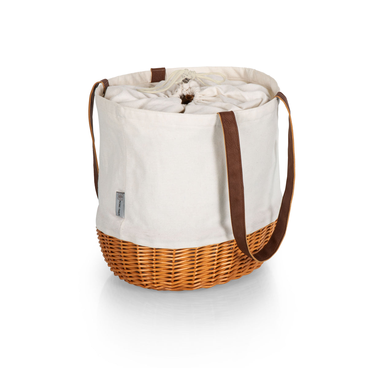Canvas & Wicker Basket Tote with Drawstring Closure - Beige Canvas