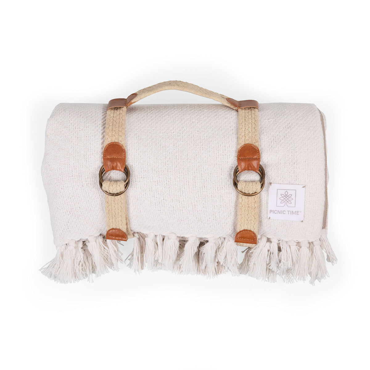 Montecito Picnic Blanket with Harness - White & Taupe Windowpane