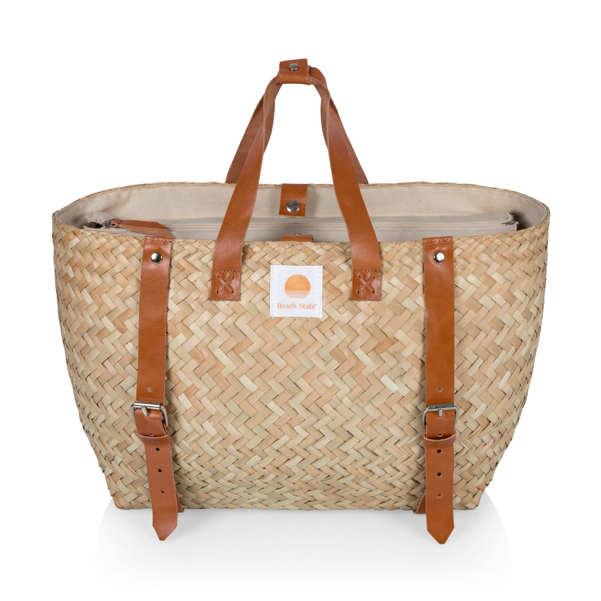 Hermosa Natural Woven Palma Insulated Beach Cooler Bag with Leather Straps