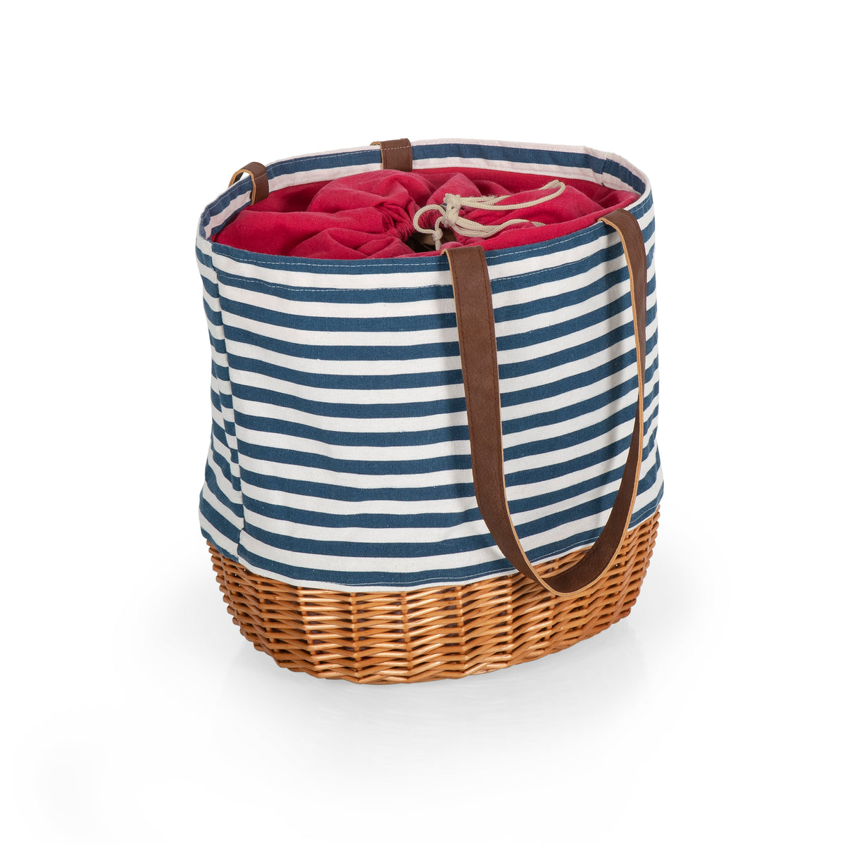 Canvas & Wicker Basket Tote with Drawstring Closure - Navy Blue & White Stripe