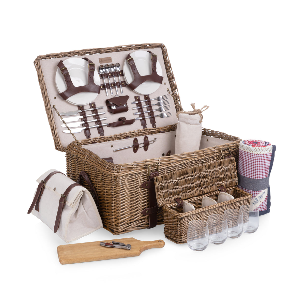 Charleston Luxury Wicker Picnic Basket for 4 with Genuine Cowhide Leather