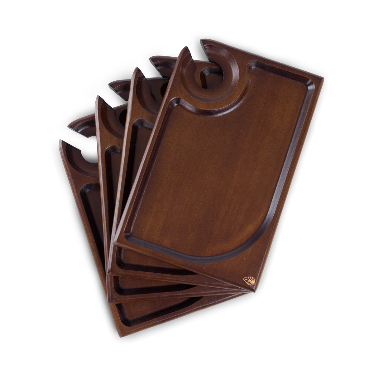 Rectangle Wood Wine Appetizer Plates, Set of 4 with Wine Glass Cutout - Stained Parawood