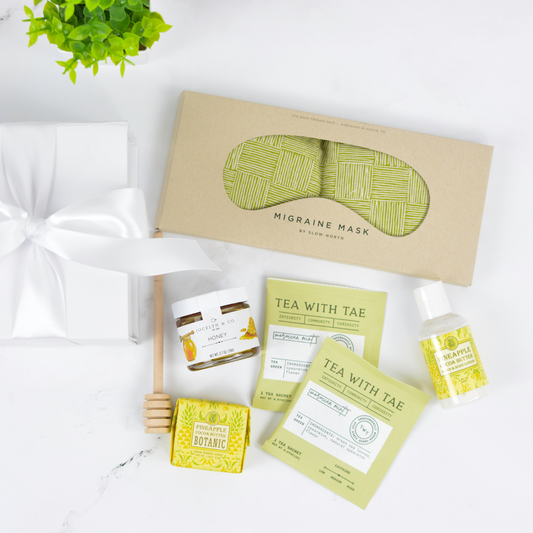 stress relief gift box with tea honey and eye mask