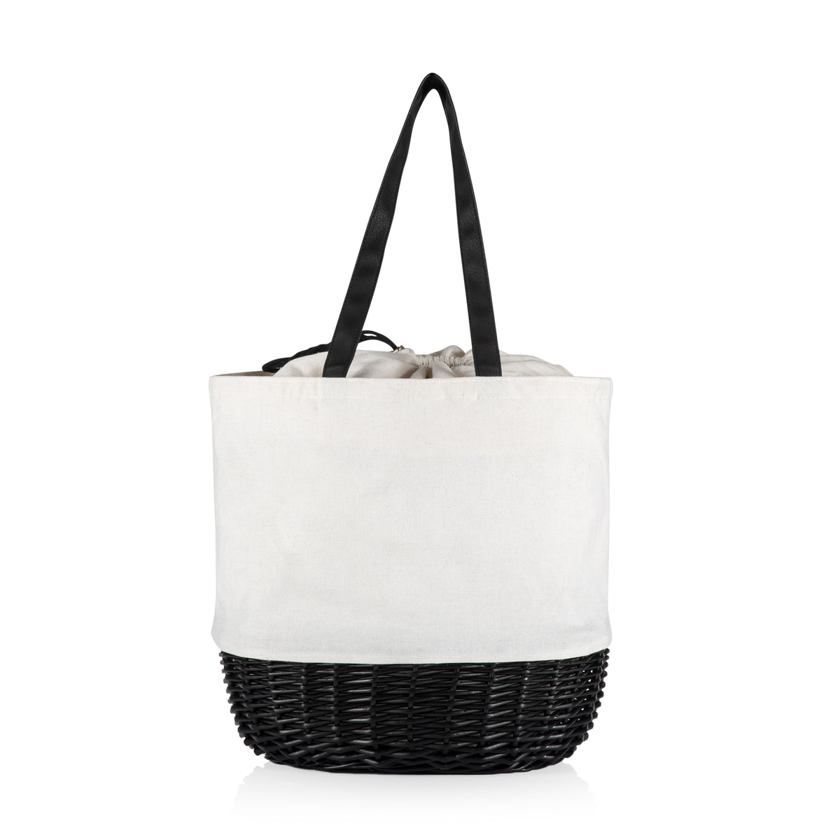 Canvas & Wicker Basket Tote with Drawstring Closure - White Canvas with Black Accents