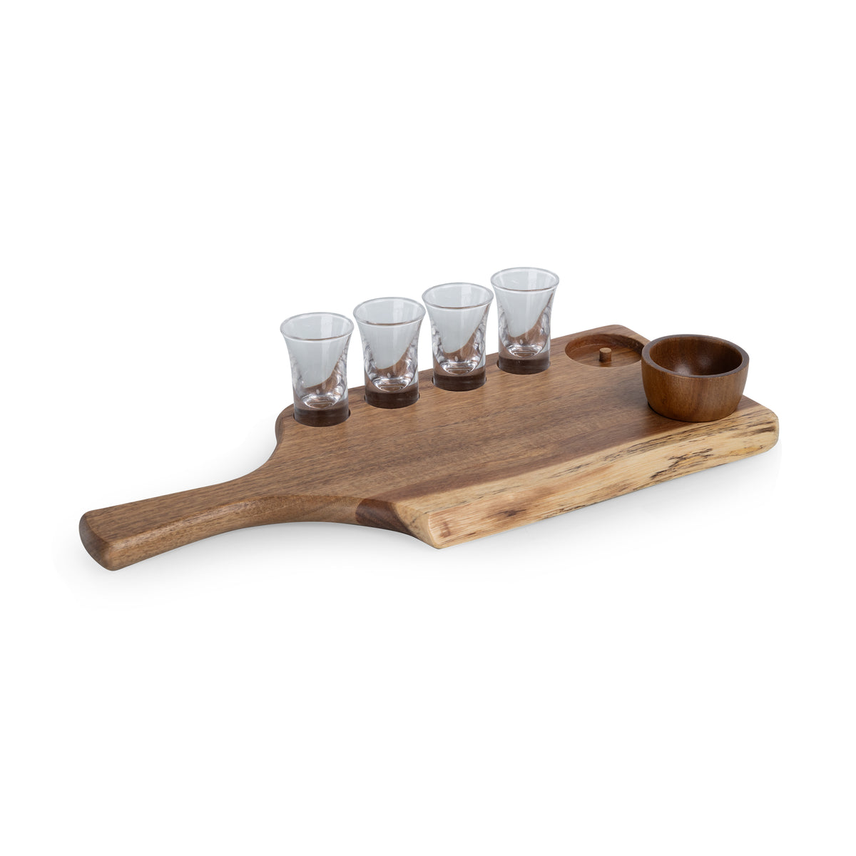 Tahona Acacia Wood Tequila Serving Tray with Shot Glasses, Salt Cutout and Lime Bowl