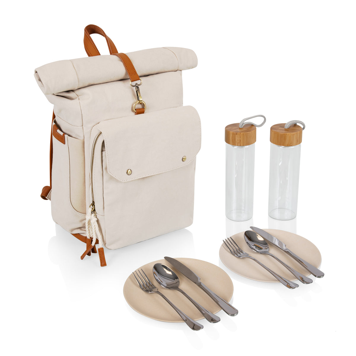Eco Roll-Top Backpack Cooler with Complete Picnic Set for 2 - Tan