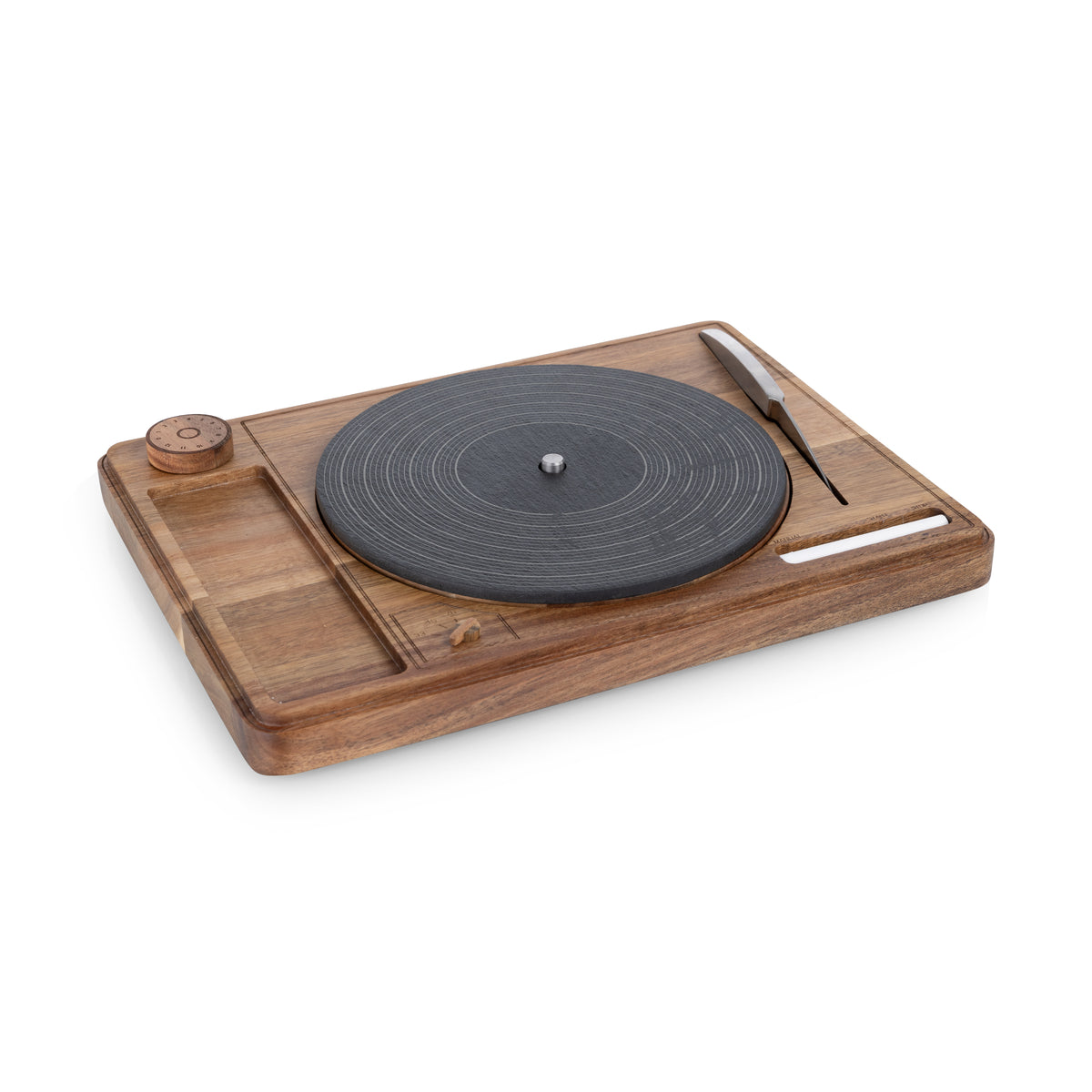 Turntable Acacia Wood and Slate Lazy Susan Cheese Board with Cheese Knife and Chalk