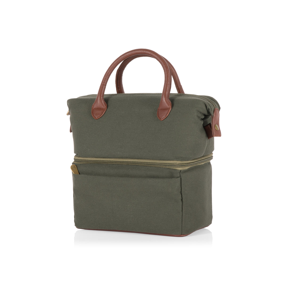Urban Two-Tier Insulated Lunch Bag Cooler with Leatherette Handles and Dry Compartment - Green with Brown Accents