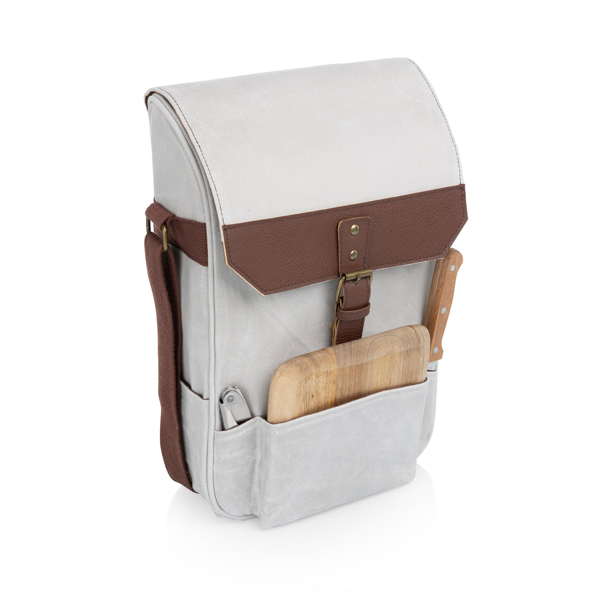 2-Bottle Insulated Wine & Cheese Cooler Tote with Acacia Board & Knife Set - White