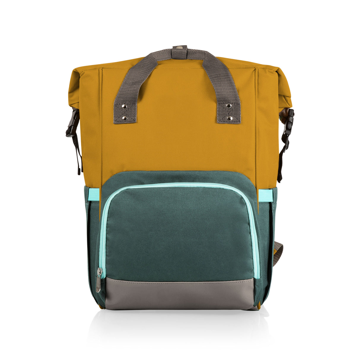Roll-Top Backpack Cooler, Insulated 30-42 Can Capacity by Picnic Time - Mustard Yellow with Gray & Blue Accents