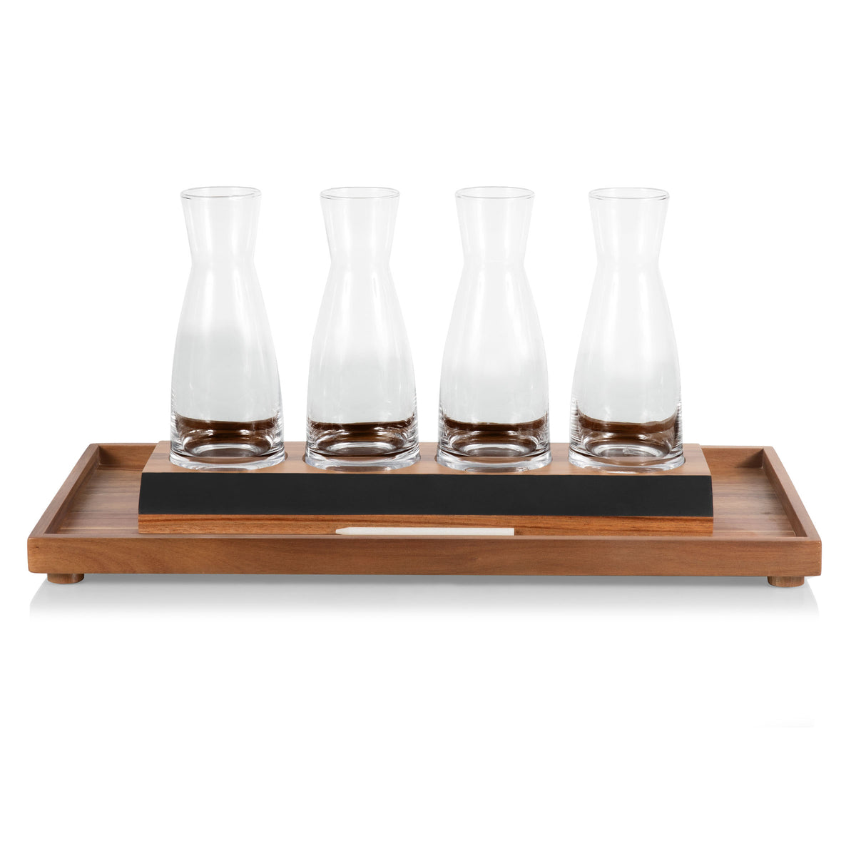Acacia Wood Wine Tasting Board with 4 Glass Carafes & Chalkboard Labels